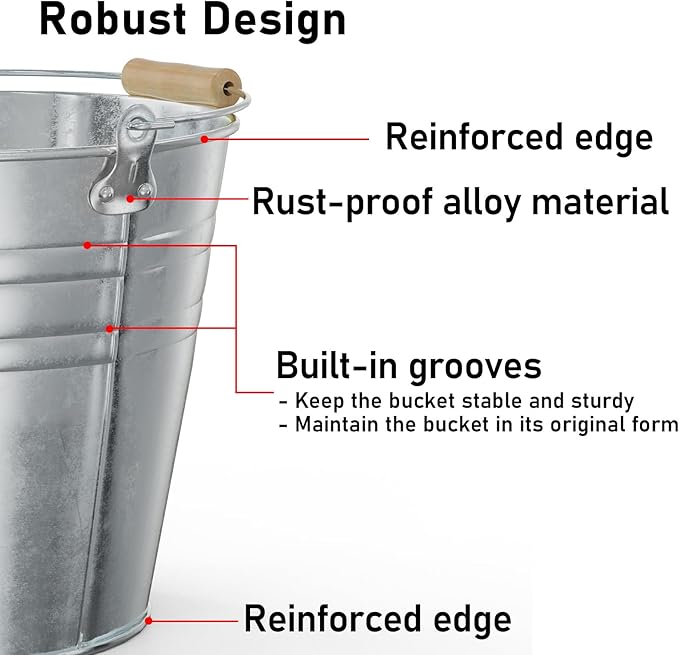 4 Gallon Galvanized Ice Bucket - Large Rustproof Metal Bucket Drink Tub with Wood Handles - 13" Beverage Bucket for Party BBQ Wedding Home Décor & Storage - 13"L x 13"W x 12"H - 3 Pack