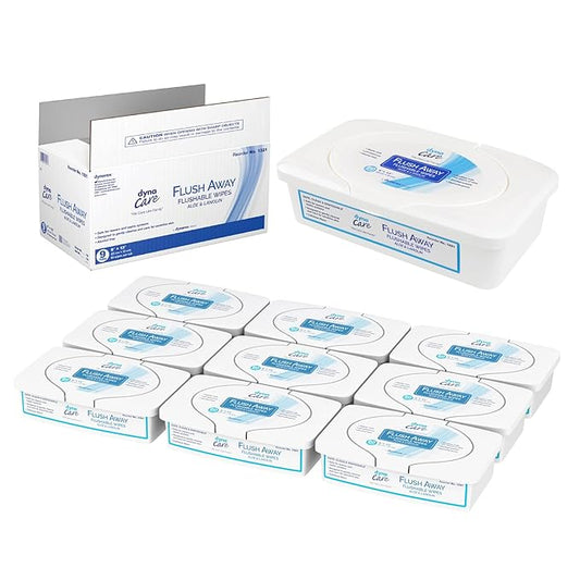 Dynarex DynaCare Flushable Wipes, Bathroom Hygiene Wipes for Adults, Alcohol Free, Safe for Sewers and Septic Systems, 9” x 13” wipes, 1 Case of 9 Tubs (60 Wipes per Tub) [Packaging May Vary]