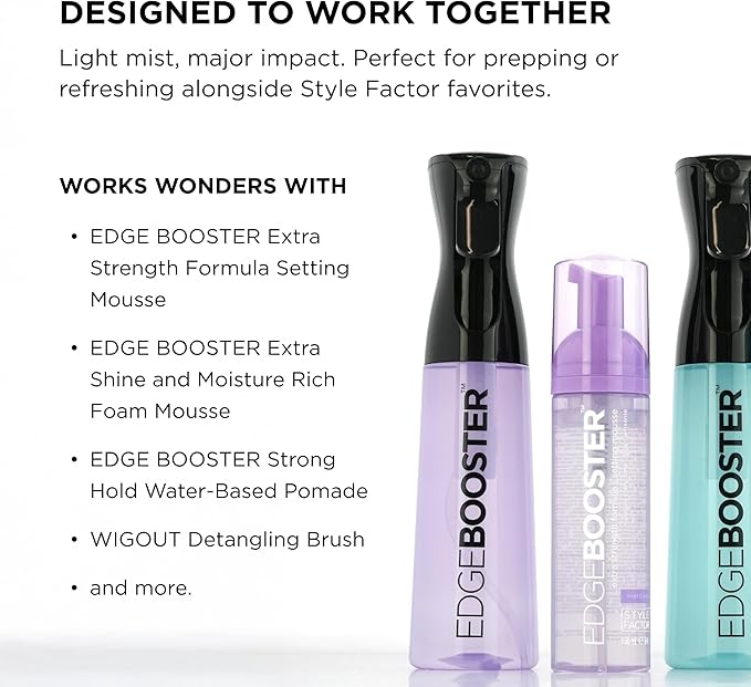 Style Factor Edge Booster Mist Spray Bottle for Hair (10.1oz/300ml) - Continuous Ultra Fine Mist Sprayer – For Hairstyling, Salons, Cleaning, Plants, Essential Oil & More - Aqua Green