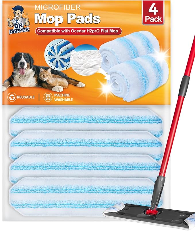 Mop Pads Compatible with OCedar for H2prO Flat Mop System Washable Reusable Microfiber Mop Head Replacements Pad for Floor Cleaning, 4 Pack
