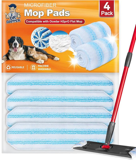 Mop Pads Compatible with OCedar for H2prO Flat Mop System Washable Reusable Microfiber Mop Head Replacements Pad for Floor Cleaning, 4 Pack