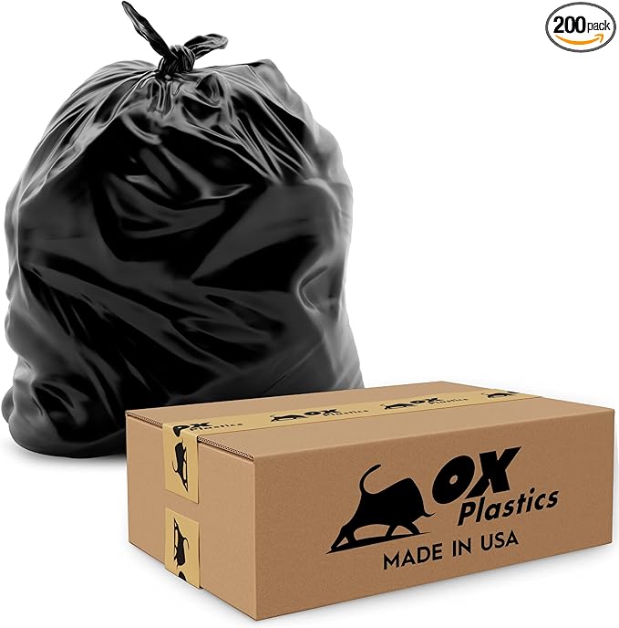 OX Plastics Black Trash Bags - Heavy Duty Garbage Bags, Extra Thick Unscented Large Trash Can Liners for Home, Outdoor, and Commercial Use - 13 Gallon, 200 Count