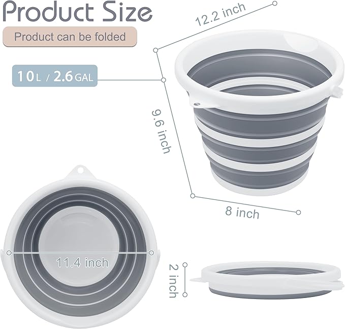 Collapsible Bucket, 2.6 Gallon (10L) - Foldable Mop Bucket for House Cleaning, Car Washing, Camping - Portable Water Pail for Outdoor, RV, Travel (Grey, Round)