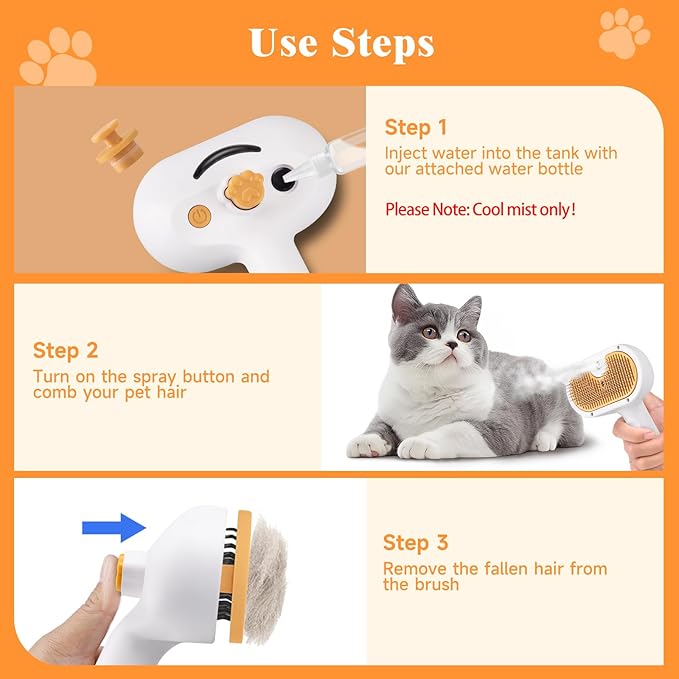 VVWVVW Pet Steam Brush for Dog & Cat – 3-in-1 Spray Hair Removal Comb – Steam for Shedding & Grooming – Water Brush for Long & Short Haired Pets – Spritz Defur Comb