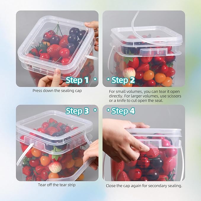 ASEVAT 4Pack Clear Bucket Graduated Pail Container with Lid, Square Food Grade Buckets, Cleaning Containers Plastic Pails Extra Durable Handles with Grip for Easy Carrying