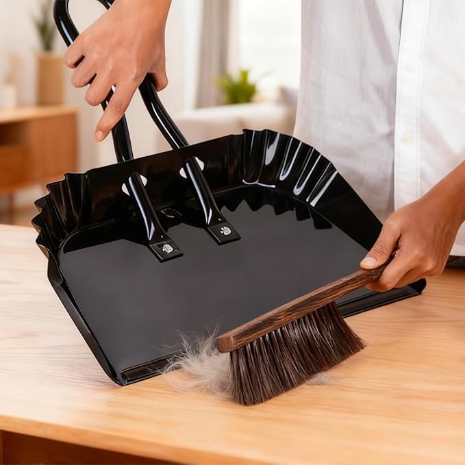 12 inch Stainless Steel Dustpan and Broom Combo, Heavy Duty Household Cleaning Tool, Outdoor Patio