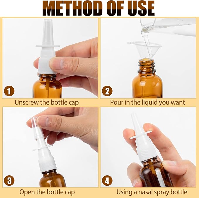 40 Pcs Nasal Spray Bottle Empty, Brown Glass Refillable Fine Mist Nasal Spray Bottles with 8 Pcs Funnels and 8 Pcs Labels (30ML/1oz)