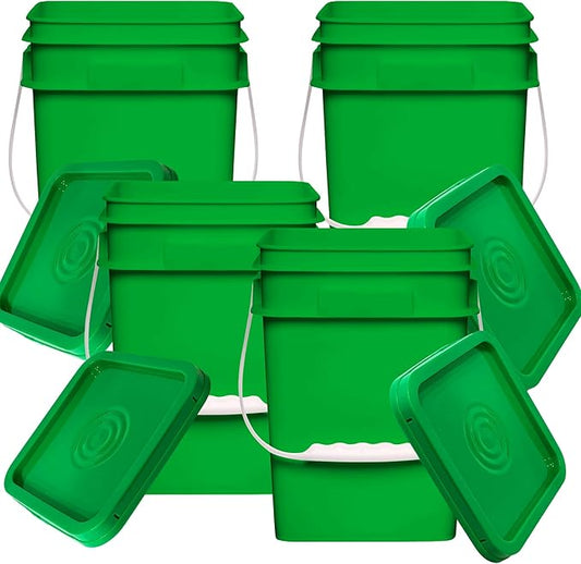 House Naturals 4 Gallon Square Food Grade Bucket Pail with Lid (Pack of 4) Made in USA containers (Green)