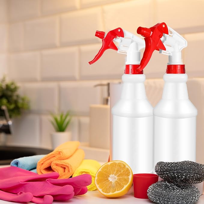 Gerrii 12 Pcs Plastic Spray Bottles with Adjustable Nozzle and Label for Cleaning 24 oz Anti Leak HDPE Spraying Bottles Empty Water Squirt Bottle (Red)