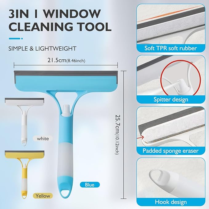 3 in 1 Spray Window Squeegee Cleaner Scraper, WindowSqueegee with Brush and Built-in Spray BottleAll-Purpose Shower Glass, Mirrors, Car, Home Window Cleaner Tool (Yellow)