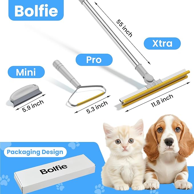 Bolfie 3 in 1 Carpet Rake for Pet Hair Removal, Tool Set of 3, 55” Long Handle Carpet Pet Hair Removal Carpet Scraper Dog Cat Hair Remover for Sofa, Couch, Car, Rug (Gray)
