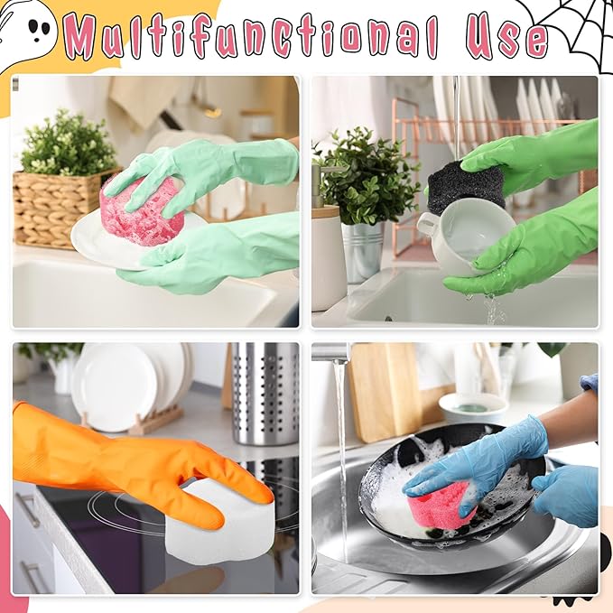 3 Pcs Dual Sided Scrub Sponge Multi Functional Cute Temperature Sensitive Non Scratch Dish Sponge for Washing Dishes Kitchen Bathroom (Skull,Pink, Black, White)