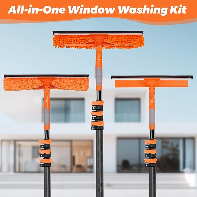 Msnaile Window Squeegee with Carbon Fiber Extension Pole for Home, 3.5 to 12Ft Window Cleaning Kit Tool Outdoor, Lightweight Professional Window Washing Kit with Rotatable Head & 2 Scrubbers, 2 in 1
