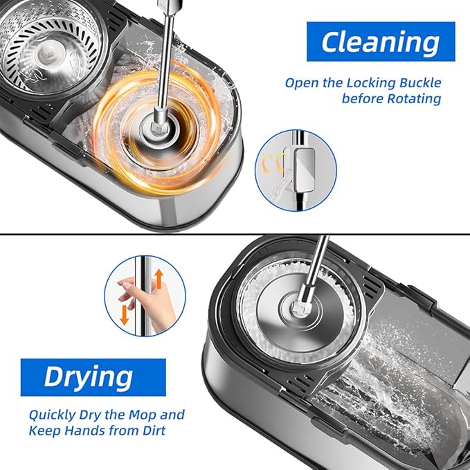 SWIFTIRON Spin Mop and Bucket with Wringer Set for Home,360° Mop and Bucket with Separate Clean and Dirty Water,Wet Dust Mop for Floor Cleaning with Extra Refills (Silver)