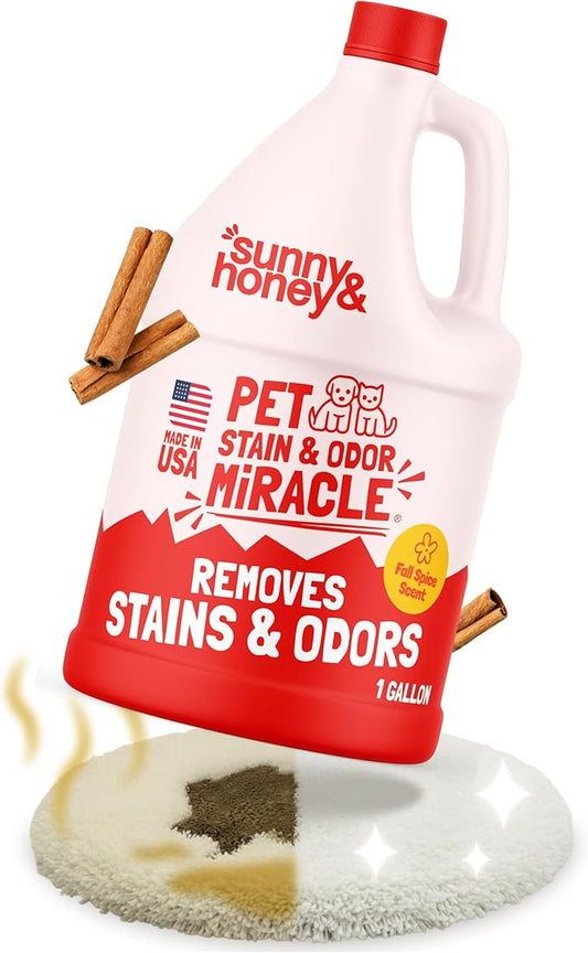 Sunny & Honey Pet Stain & Odor Miracle - For New and Old Stains - Enzyme Cleaner & Surface Odor Eliminator - Fast Acting Carpet Cleaner Spray - Enzymatic Cleaner for Dog Urine (128 fl oz, Fall Spice)