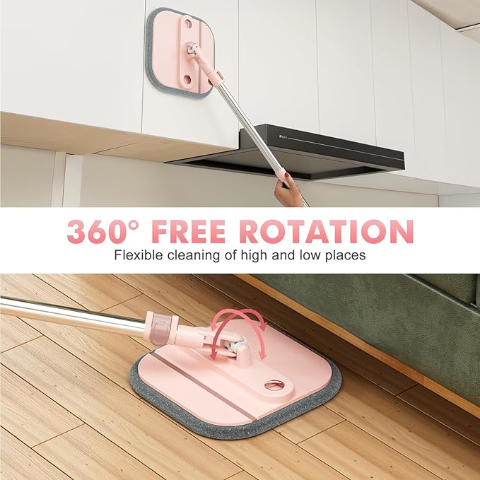 Upgraded Spin Mop and Bucket System Set, Self Separate Clean and Dirty Water, Foldable Square Standing Mop Head with Microfiber Mop Pads, Detachable Bucket (Pink, Mop Set with 2PC Pads)