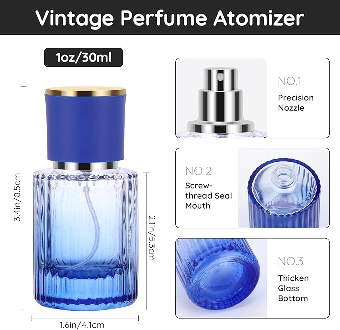 Segbeauty 1oz Glass Perfume Bottle Empty, 30ml Vintage Refillable Travel Spray Bottle, Pack of 2 Blue Perfume Atomizer, Large Travel Cologne Sprayer Cologne Spray Bottle for Dispensing Fragrance