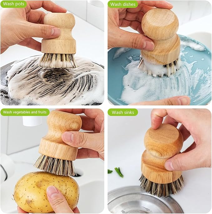 Natural Wooden Dish Brush，Kitchen Bamboo Scrub Brush for Dishes，2 Pack (Style-A, Small)