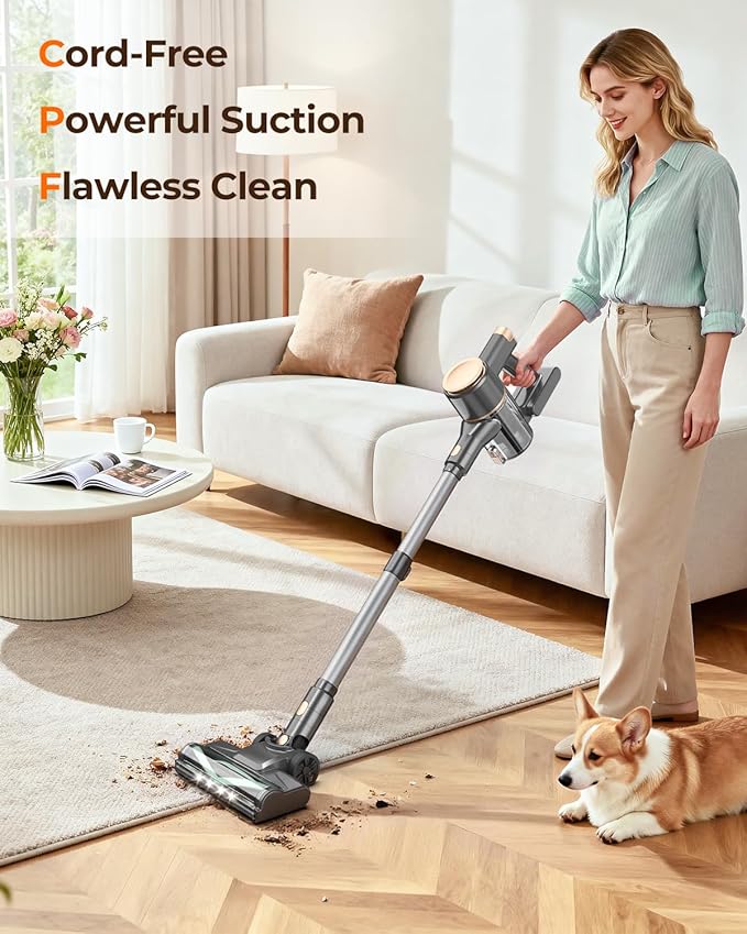 N8 Cordless Vacuum Cleaner,Lightweight Stick Vacuum with Powerful Suction,2200mAh Battery, 40 Mins Runtime,Self-Standing,Rechargeable Vacuum Cleaners for Home Hardwood Floor Carpet Pet Hair (Honey)