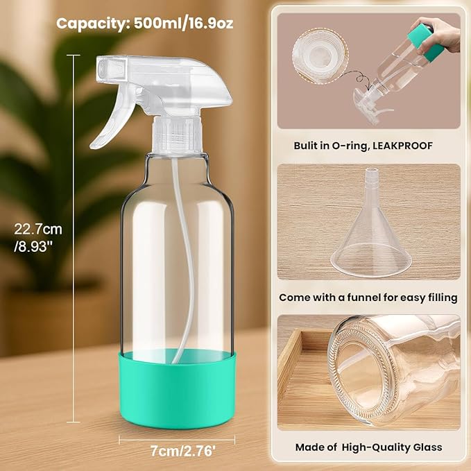 Glass Spray Bottles with Silicone Sleeve 16.9oz 2 Pack Empty Spray Bottle for Hair Mist/Stream Spraying for Cleaning Solutions, Plants, Essential Oils (clear-qblue&green)