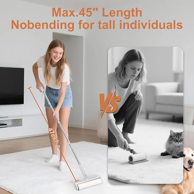 Large Lint Roller for Pet Hair, 9.45'' Extendable Lint Roller with 7 Extra Sticky Refills (420 Sheets), One-Click Spring Button for Easy Refill Change, Furniture Floor Car Clothes Hair Remover