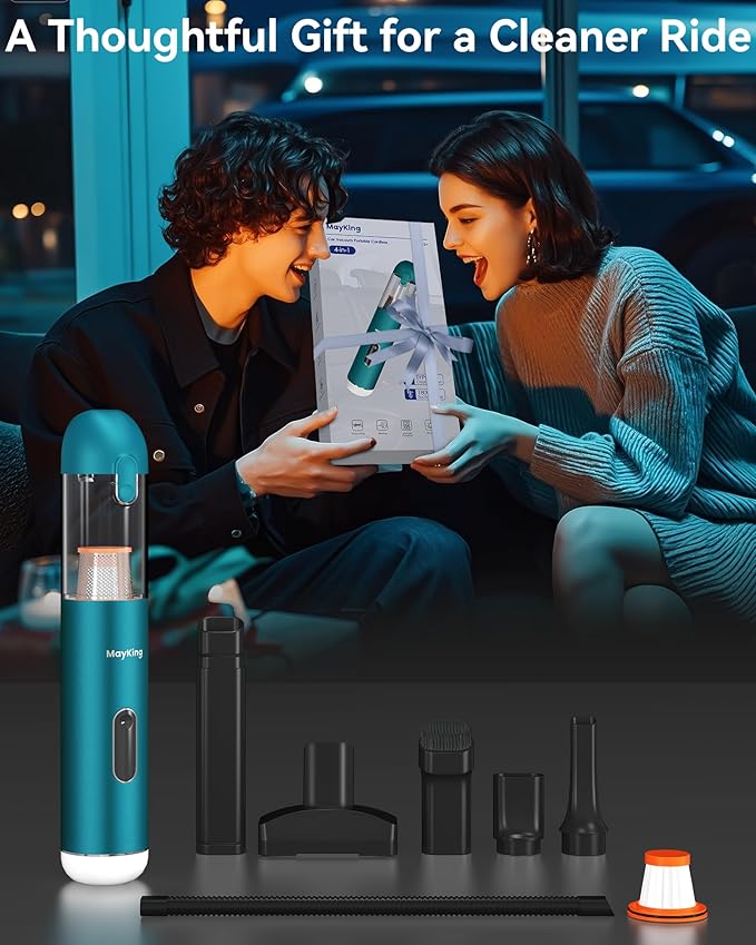 Mayking 5-in-1 Car Vacuum Portable Cordless, Handheld Vacuum with White LED & Red Flash, 115W 18000Pa High Power, 3 Suction Modes, Mini Vacuum Cleaner with LED Display for Car Home Keyboards