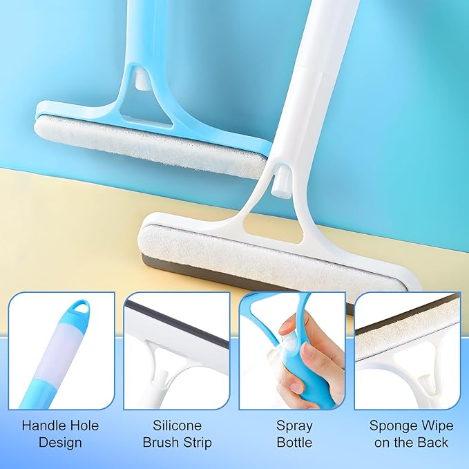 2PC 3 in 1 Window Cleaning Scraper, 3 in 1 Spray Squeegee, Window Squeegee with Spray, for Kitchen, Bathroom, Wall, Glass Windows, Table Top, Car Window (Blue + White)