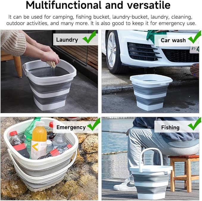 2 Pack Collapsible Plastic Bucket with Handle 0.79 Gallon (3L) Each Foldable Rectangular Tub for Cleaning Camping Essentials Space Saving Outdoor Portable Bucket for Camping