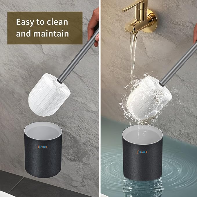 FIESONO Toilet Brush and Holder Set, Toilet Bowl Brush with Stainless Steel Light Brush Handle, Soft Bristle, Wall Mounted/Floor Standing for Bathroom Space Saving