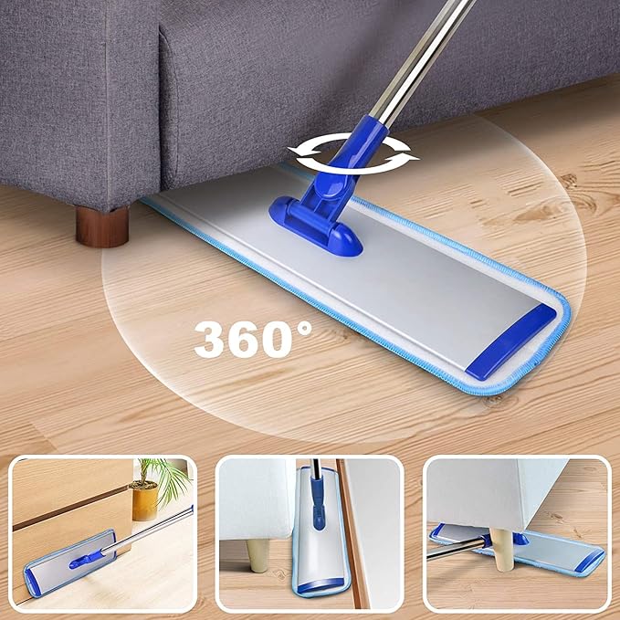 Professional 18" Microfiber Mop - Flat Mop with Stainless Steel Handle, 2 Reusable Washable Pads, Hardwood & Laminate (Blue)
