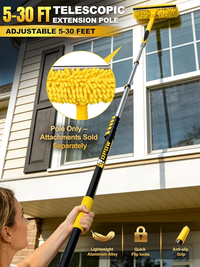 Opow 7-30 FT Telescopic Extension Pole, Multi-Purpose Aluminum Alloy Telescoping Rod with Universal Twist-on Metal Tip Flip-Lock Design, for Painting Cobweb Dusting, Window Cleaning, Christmas Lights