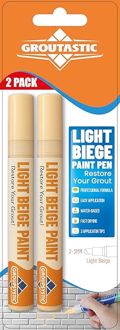 Light Beige Grout Paint Pen – Tile Grout Colorant & Sealer Marker, Quick-Dry, Ideal for Bathroom, Shower, Kitchen Tiles – Restores Grout Lines,3 Adjustable Tips (2-3 mm) 2 Pack