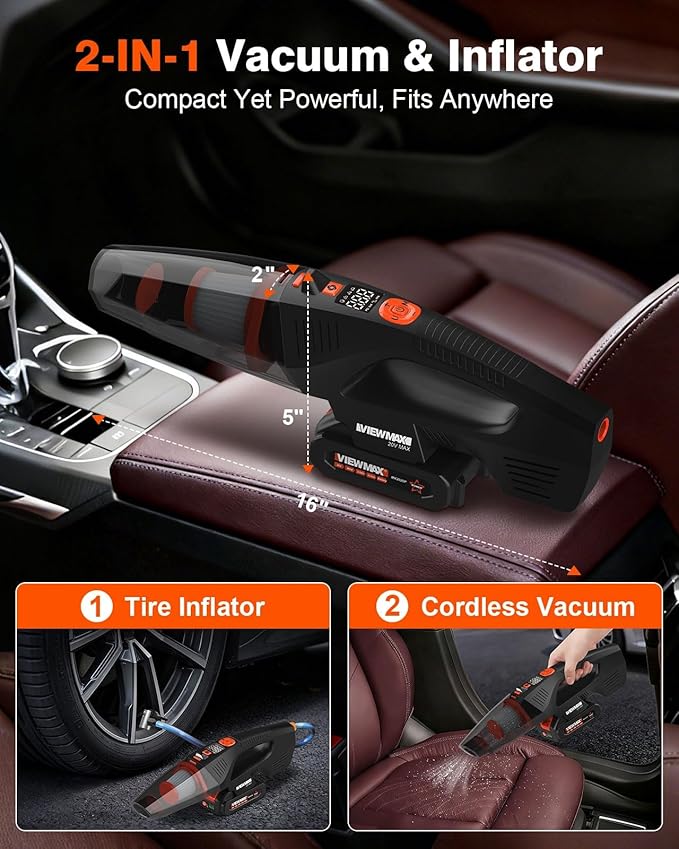 Viewmax 2-in-1 Car Vacuum and Tire Inflator - 20V Cordless Handheld Vacuum Cleaner & 150PSI Air Pump with Pressure Gauge, 18000Pa Suction, Portable Air Compressor for Tires Pump and Car Cleaning