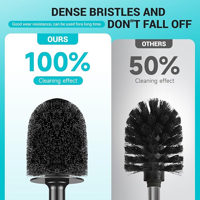 Toilet Brush and Holder, 2 Pack Toilet Bowl Brush with Long Handle, Plastic Holder Easy to Hide, Drip-Proof, Easy to Assemble, Deep Cleaning, Black