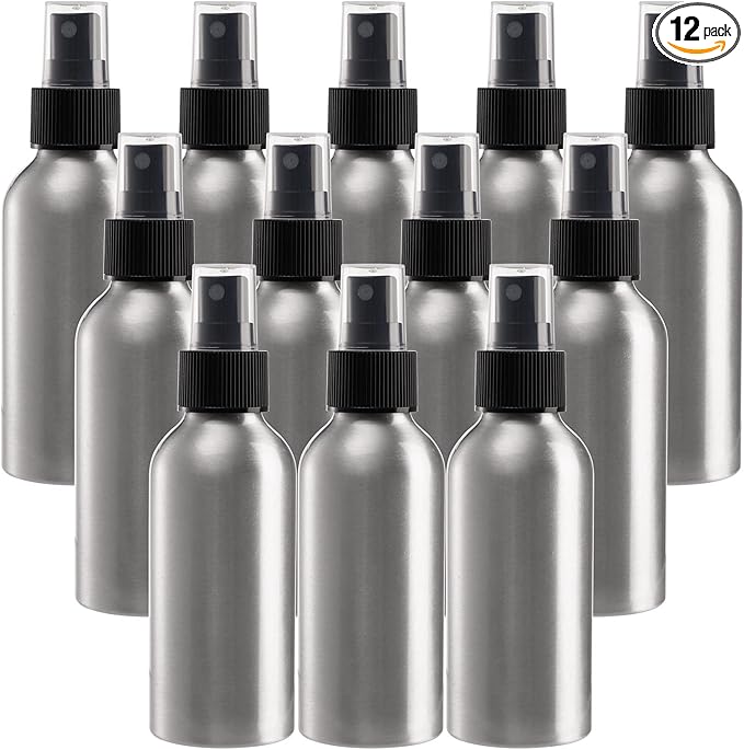 Youeon 12 Pack 4 Oz Fine Mist Spray Bottles, Reusable Aluminum Empty Spray Bottles, Small Refillable Bottle for Travel, Cosmetic, Perfume, Toner, Essential Oil Storage, Leak Proof