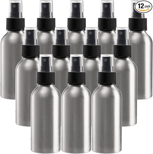 Youeon 12 Pack 4 Oz Fine Mist Spray Bottles, Reusable Aluminum Empty Spray Bottles, Small Refillable Bottle for Travel, Cosmetic, Perfume, Toner, Essential Oil Storage, Leak Proof