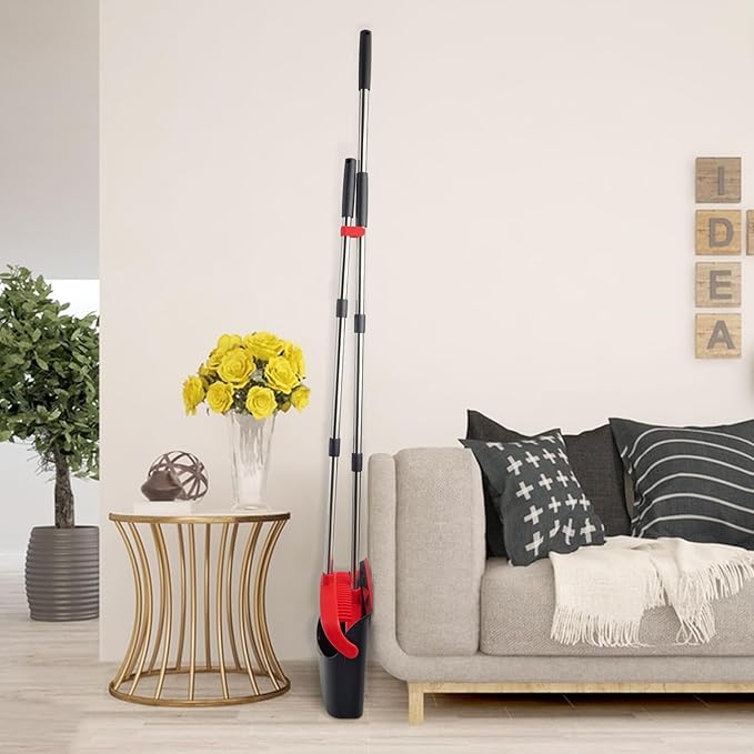 XXFLOWER Broom and Dustpan Set with Long Handle, Heavy Dust Broom and Dustpan Combo for Home，Kitchen, Office, Pet Hair (Black Red)