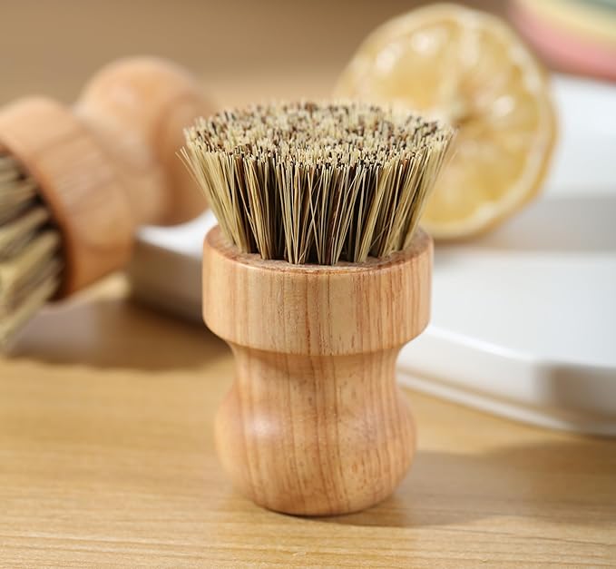 Bamboo Palm Pot Brush.Kitchen Mini Round Dish Brush,Natural Scrub Brush Cleaning Kit for Skillet,Washing Dishes,Vegetables,Pots, Pans. (1x Hard Bristle+1x Sisal with Ceramics Base,Draining Rack)