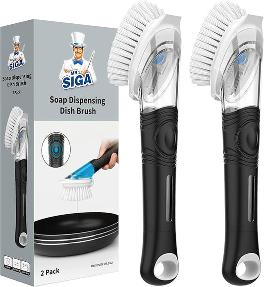 MR.SIGA Soap Dispensing Dish Brush, Kitchen Brush for Pot Pan Sink Cleaning, Black, Pack of 2