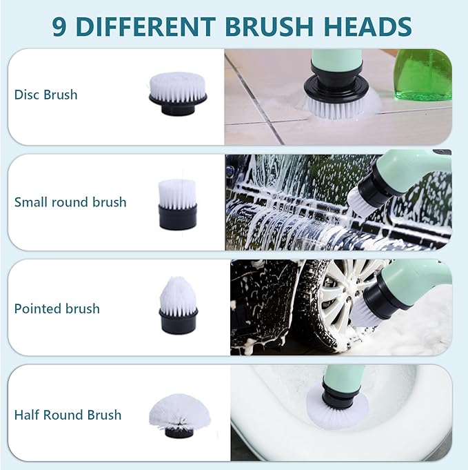 Electric Spin Scrubber, Cordless Cleaning Brush with 9 Replaceable Brush Heads, Power Scrubber Dual Speed with Adjustable and Detachable Handle for Bathroom Kitchen Cleaning