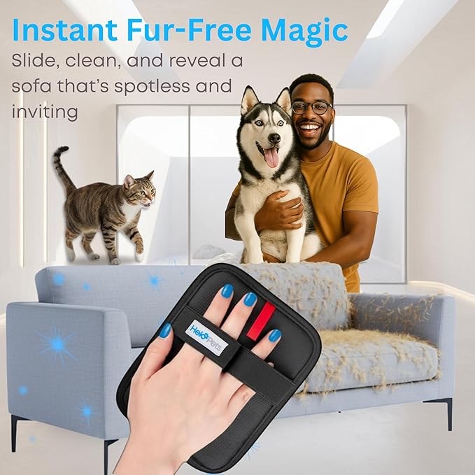 HELO PETS Reusable Pet Hair Remover Glove – Electrostatic Fur Removal for Cats & Dogs, Cleans Couch, Furniture & Clothing Fast – Wash, Dry & Use Again - Gentle with Soft Fabrics.