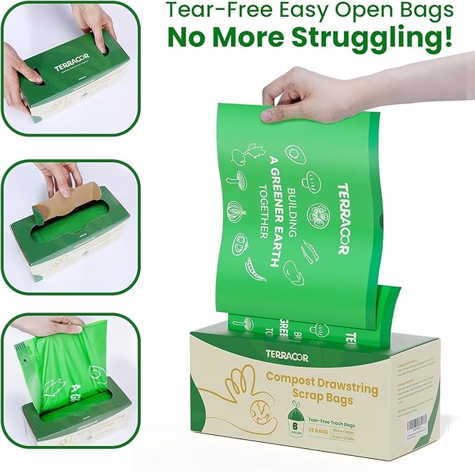TERRACOR 6 Gallon Compostable Trash Bags Drawstring, Heavy Duty Extra Thick 1 Mil, 35 Bags, Tall Kitchen Food Scrap Waste Bag, ASTM D6400