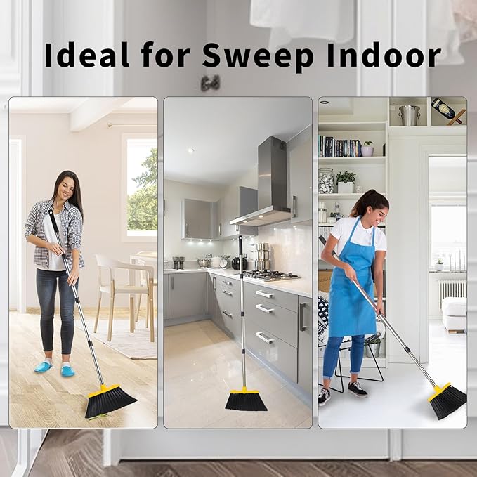 Broom with Dustpan Combo Set, Brooms and Dustpans Sets with 51'' Long Handle, Large Dust Pan and Broom, Self-Cleaning Dustpan Teeth for Lobby Kitchen Office - Black and Yellow