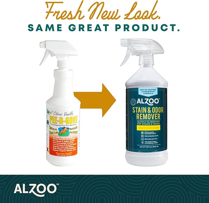 ALZOO Stain & Odor Remover, Quickly Lifts & Dissolves Pet Stains & Helps Eliminate Odors, 100% Plant-Based Active Ingredients, Citrus Vanilla Scent, 32 Fl. Oz Spray Bottle