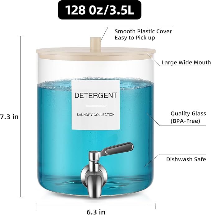 TIPGO Glass Laundry Detergent Dispenser, 128 oz / 3.5L Fabric Softener Dispenser for Laundry Room Organization, Detergent Holder with 304 Spigot, Glass Soap Container (Ivory)