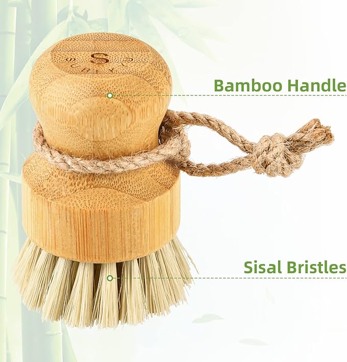 SUBEKYU Bamboo Dish Scrub Brushes for Kitchen, Cleaning Scrubber for Washing Cast Iron Pan/Pot, Natural Sisal Bristles, 1 Pack