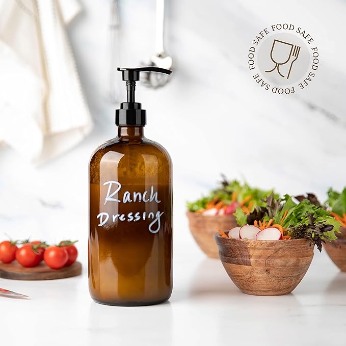 32 Ounce Glass Pump Dispenser Bottle, Large Amber Container with Pump for Shower and Bath Shampoo Soap Conditioner Lotion - 1 Liter - by Kitchentoolz