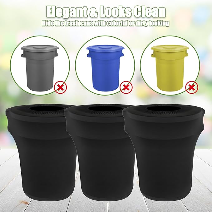 BTSKY 6 Pcs Black Round Trash Can Cover 32 Gallon Stretch Spandex Trash Can Covers Outdoor Decorative Trash Bin Covers for Outside Wedding Parties Commercial Fundraiser Decor