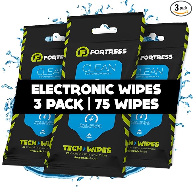 Fortress Electronic Wipes (25 ct, Pack of 3) To-Go Tech Wipes for Screens, Phones, Keyboards, TV Monitors, Computer Screens, and More [Travel Size] Skin-Safe