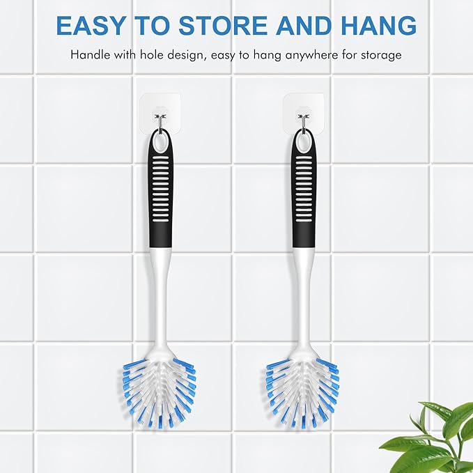 SetSail Dish Brush with Handle, 2 Pack Stiff Bristles Dish Scrubber with Built-in Scraper Dish Scrub Brushes for Cleaning Dishes, Pots and Pans, Kitchen Sink, 3 Pack, Black Blue